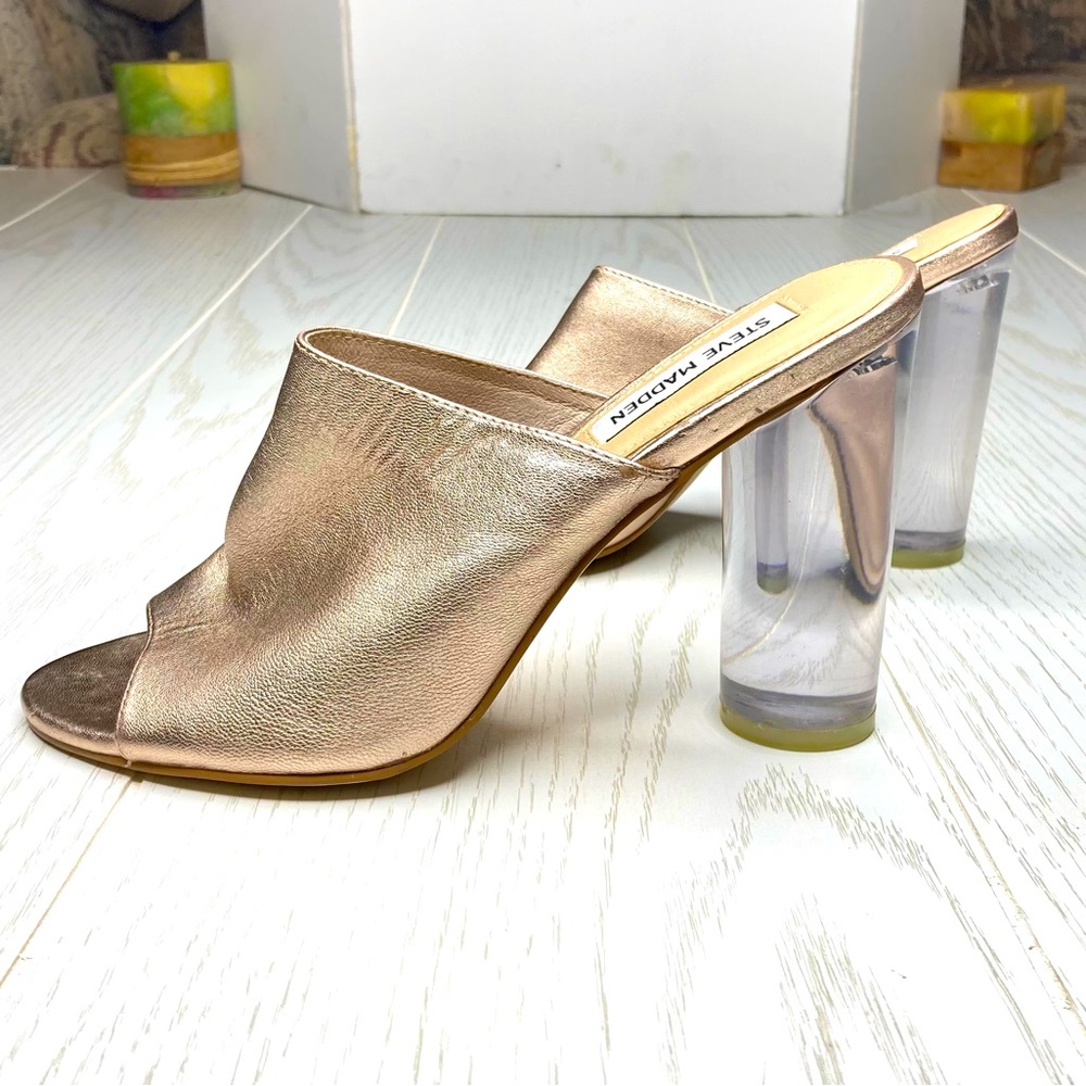 Steve Madden 4” Acrylic Block Heel Metallic Gold Open Toe Slip On Shoes